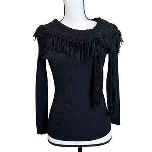 POWWOW Black Ribbed Knit Long Sleeve Top with Crochet Fringe Neckline Medium y2k
